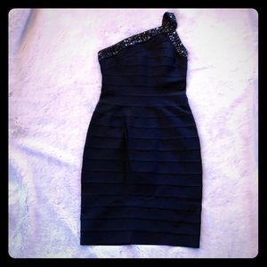 Short one shoulder embellished black dress